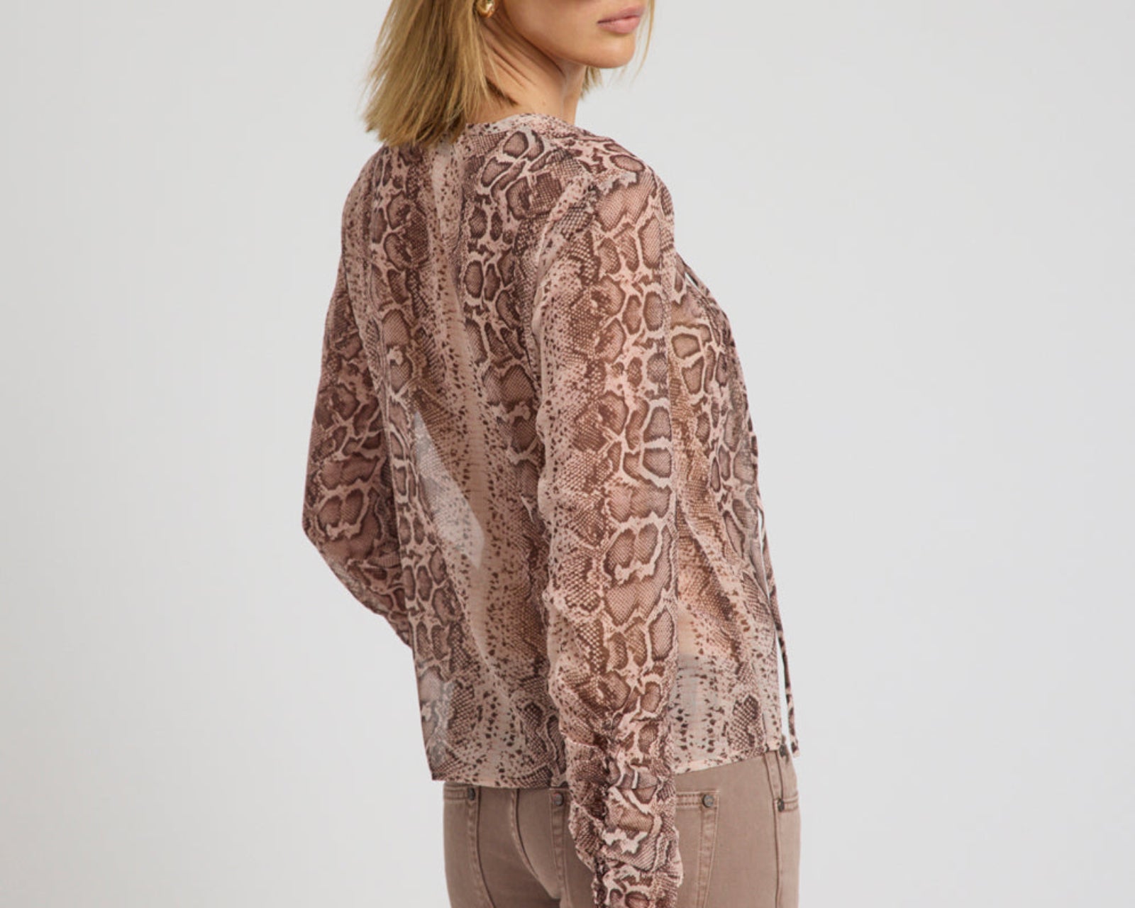 Brandy Sheer Chiffon Keyhole Long Sleeve Top - Cognac Snake