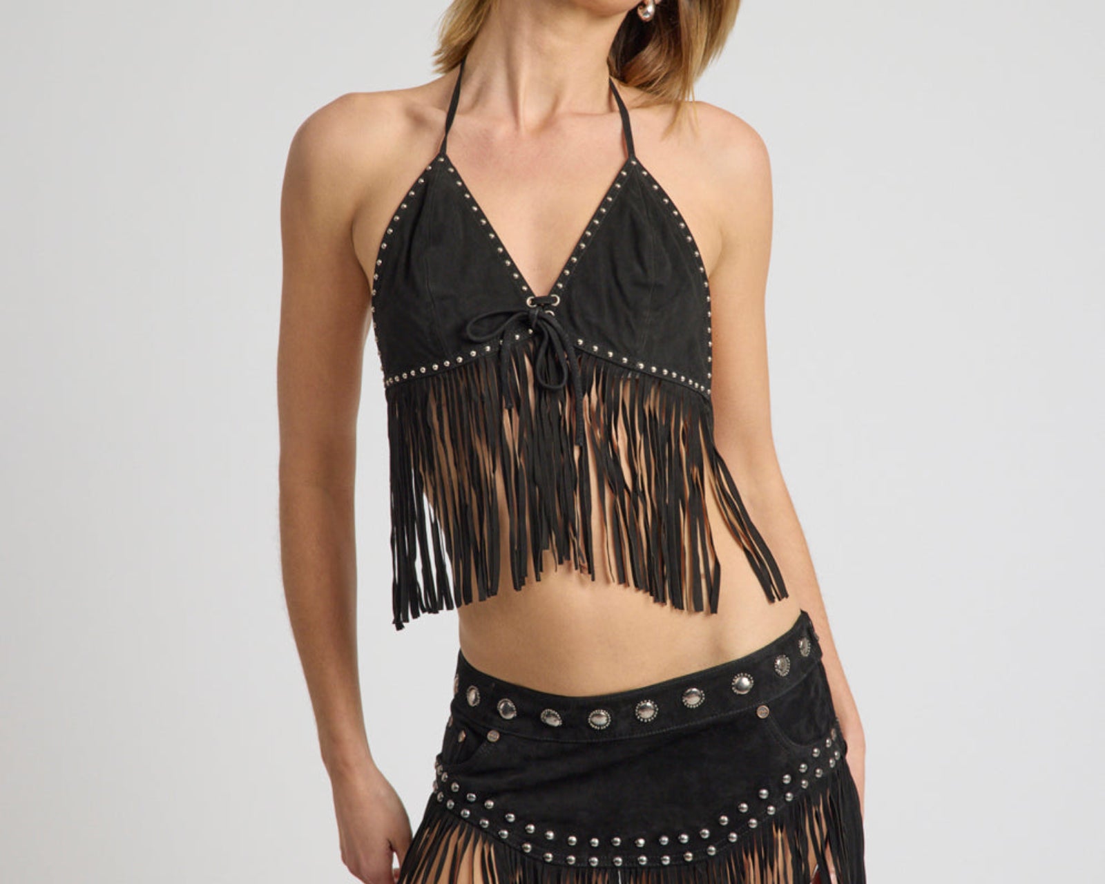 Rebel Rider Fringed Studded Suede Cami Top - Black