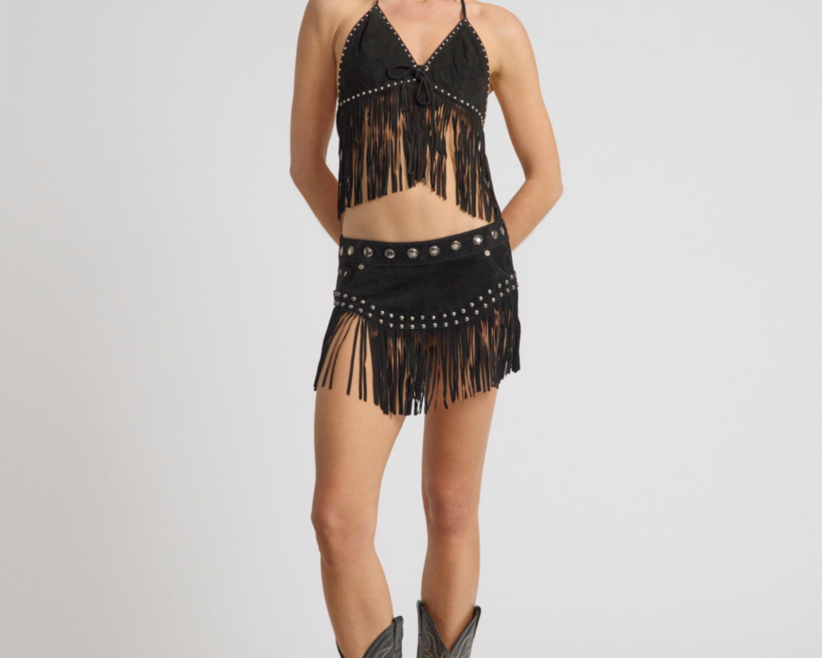 Rebel Rider Fringed Studded Suede Cami Top - Black