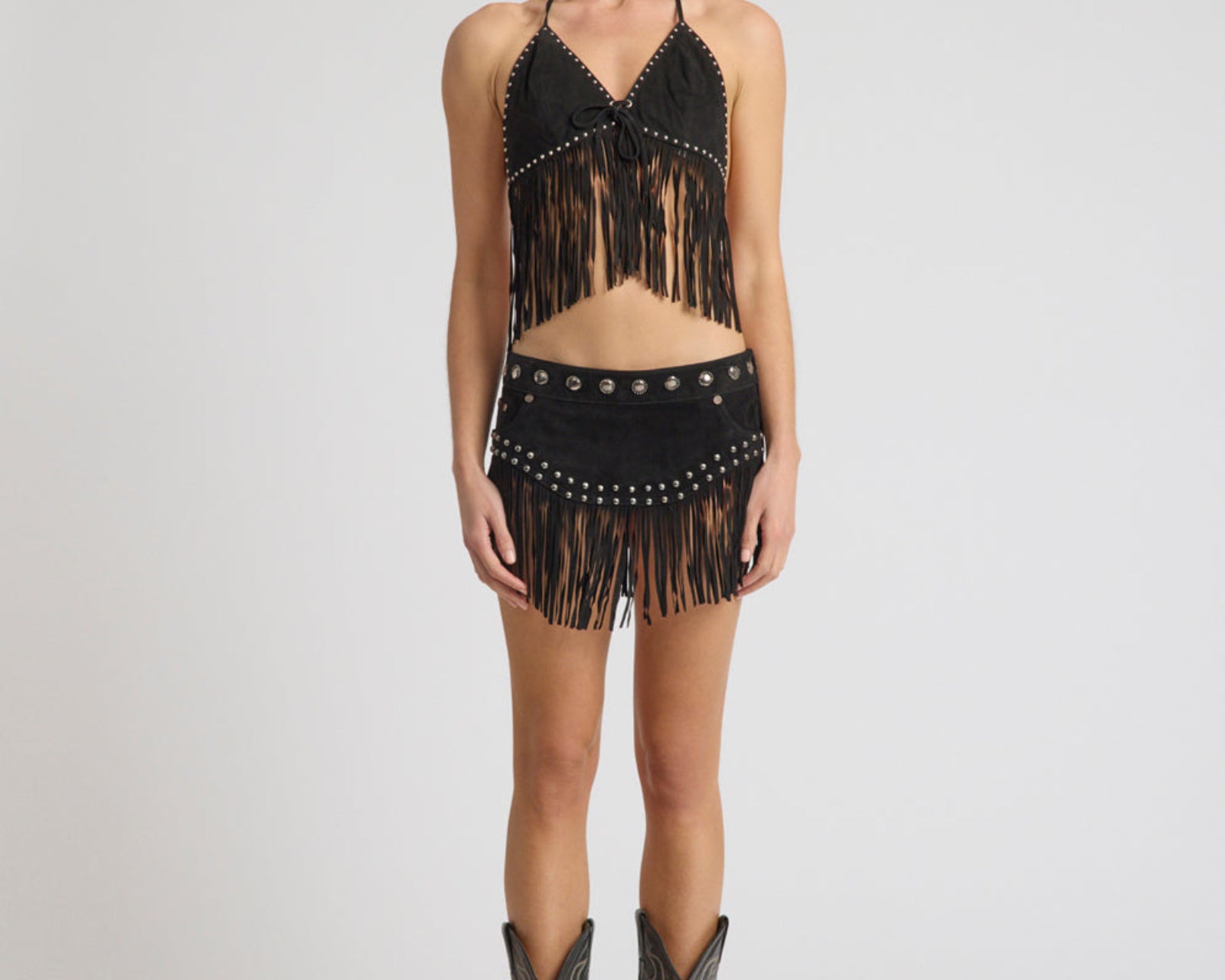 Rebel Rider Fringed Studded Suede Cami Top - Black
