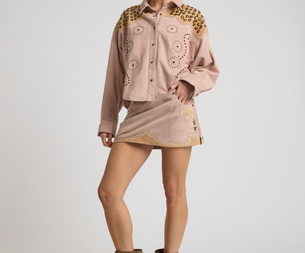 Rodeo Renegade Studded Applique Low Waist Mini Suede Skirt - Dusty Pink