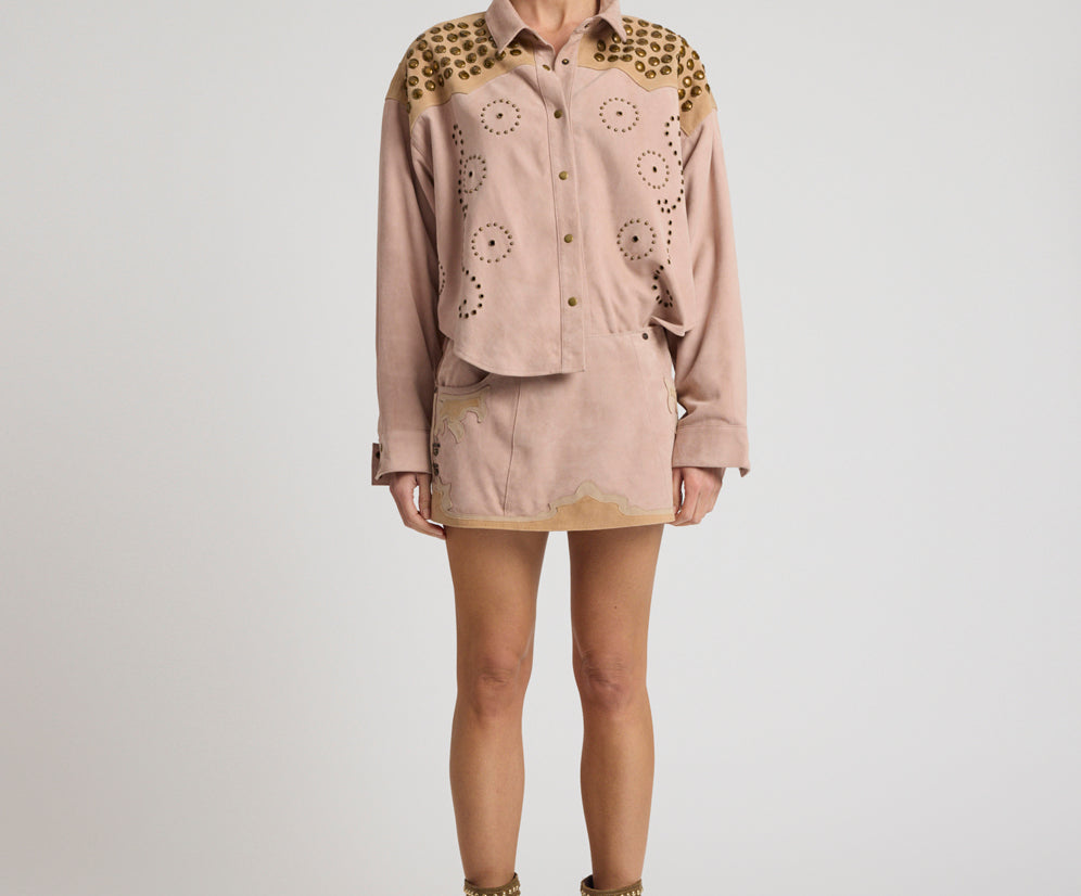 Rodeo Renegade Studded Applique Low Waist Mini Suede Skirt - Dusty Pink