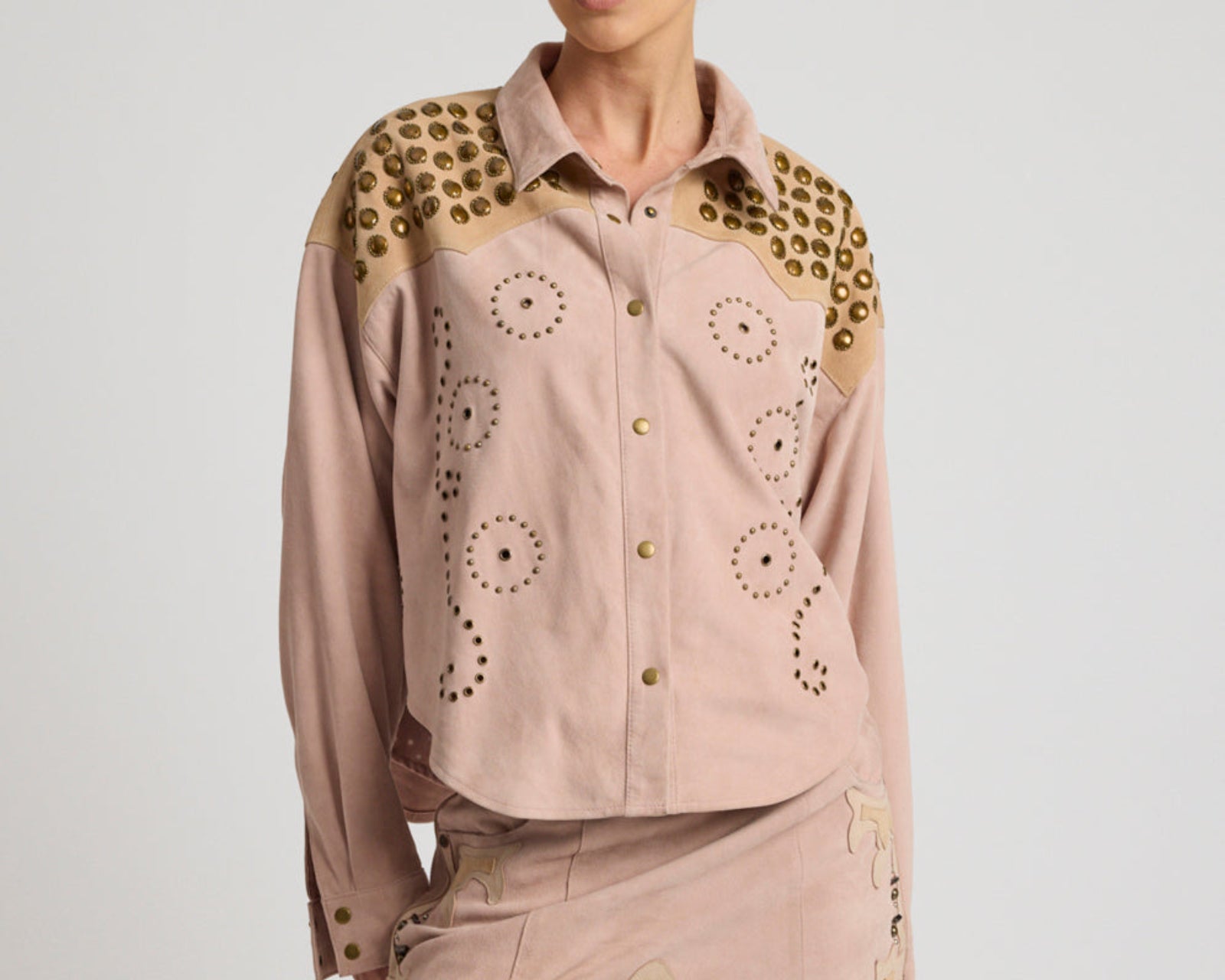 Rodeo Renegade Studded Applique Low Waist Mini Suede Skirt - Dusty Pink