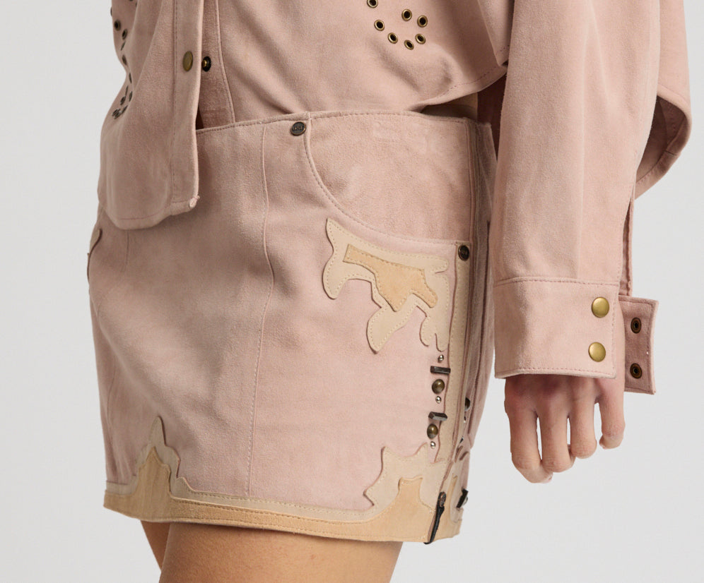 Rodeo Renegade Studded Applique Low Waist Mini Suede Skirt - Dusty Pink