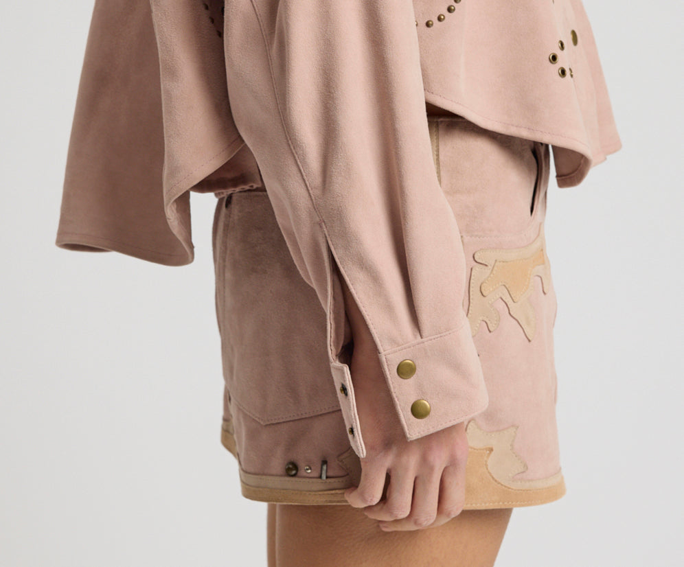 Rodeo Renegade Studded Applique Low Waist Mini Suede Skirt - Dusty Pink