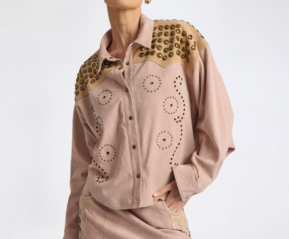 Rodeo Renegade Studded Embroidered Crop Suede Jack - Dusty Pink