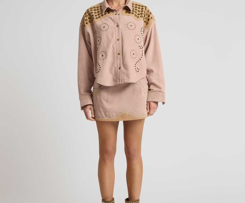Rodeo Renegade Studded Embroidered Crop Suede Jack - Dusty Pink