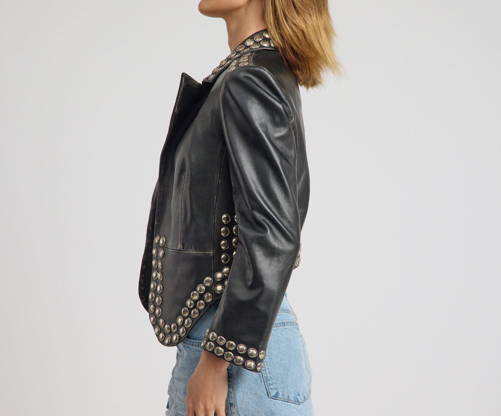 City Nights Studded Cropped Leather Blazer - Black