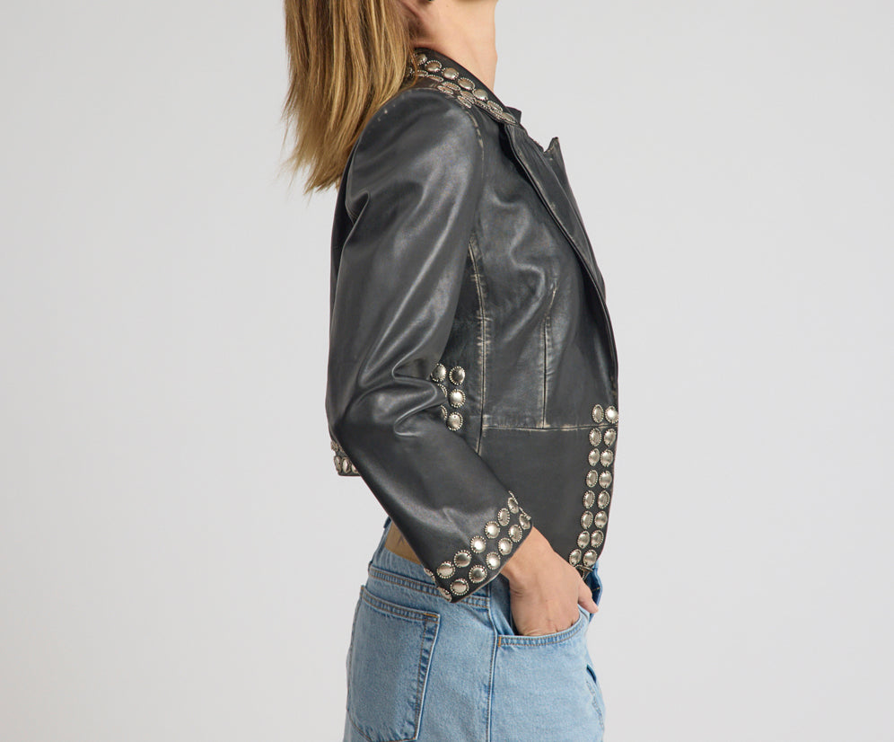 City Nights Studded Cropped Leather Blazer - Black