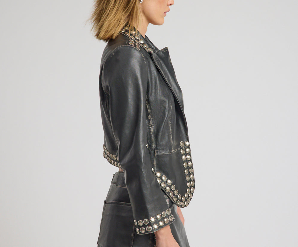 City Nights Studded Cropped Leather Blazer - Black