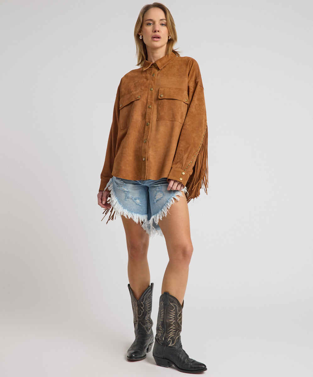 Daria Fringed Suede Jacket - Chestnut | One Teaspoon