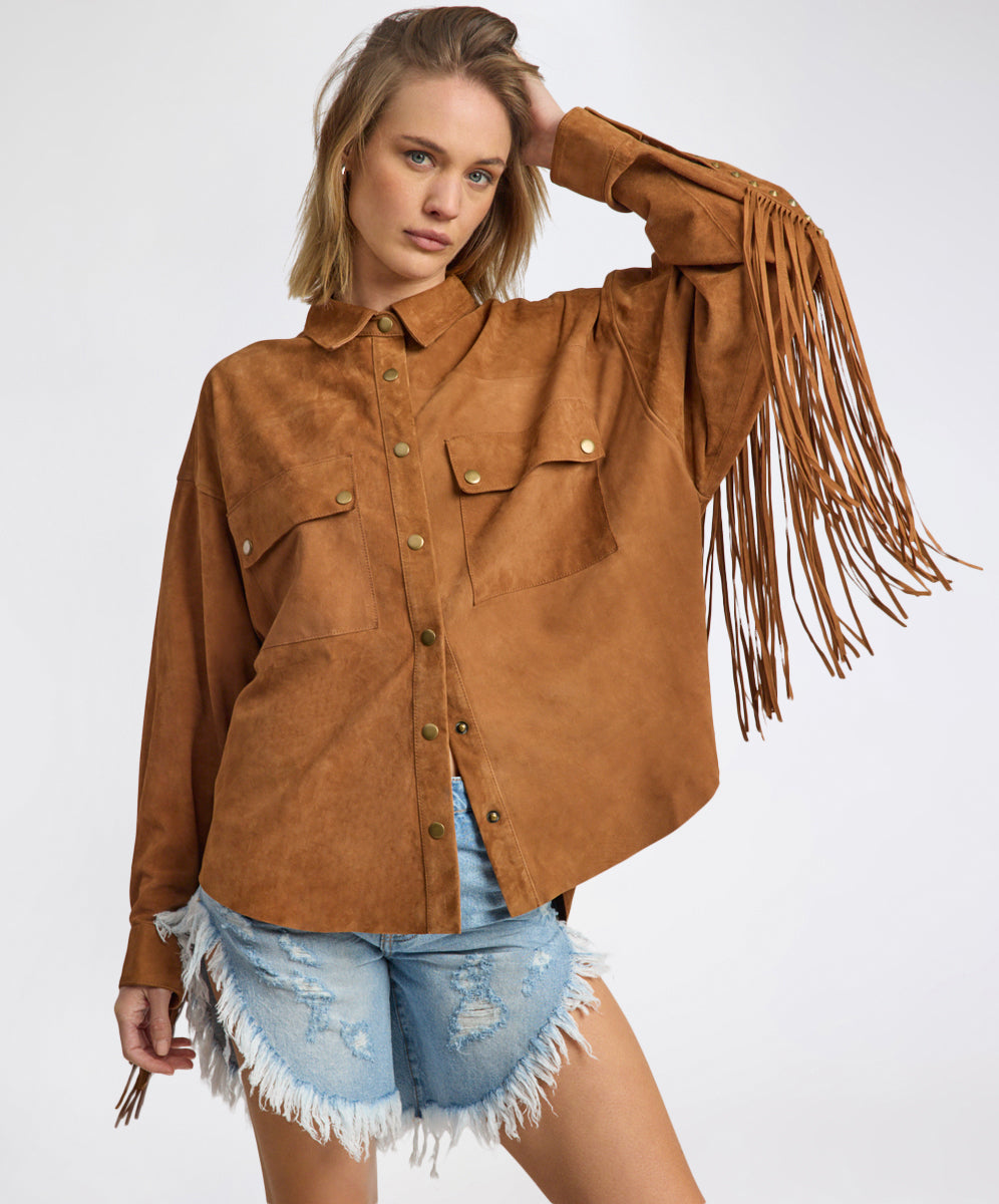 Daria Fringed Suede Jacket - Chestnut | One Teaspoon