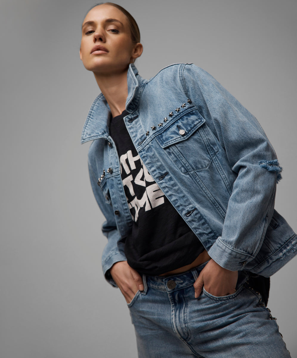 Women's Clothing 25th Anniversary Trucker Studded Denim Jacket - Salty Dog