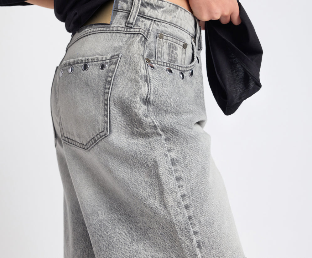 Le Cats Mid Waist Wide Leg Boyfriend Studded Denim Shorts - Soft Grey