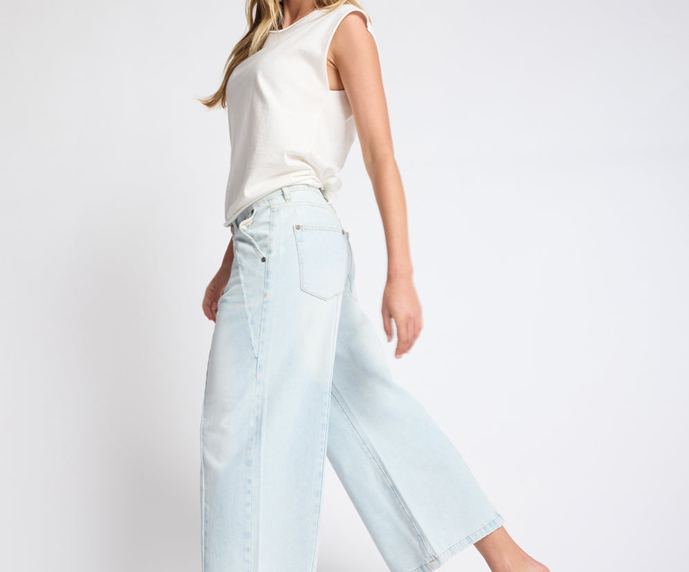 Hayden Mid Waist Wide Leg Cropped Denim Jeans - Bel Air Blue