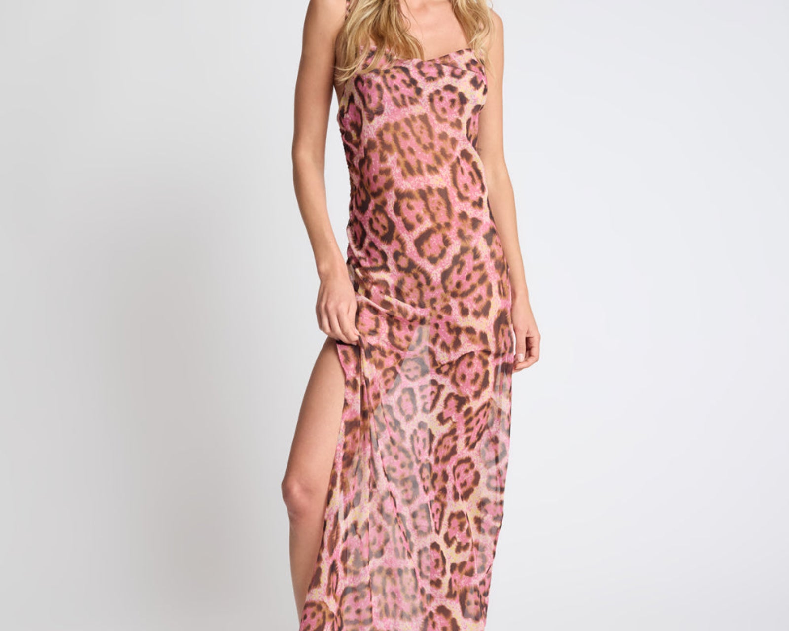 Rhiannon Ruched Long Slip Maxi Dress - Pink Leopard
