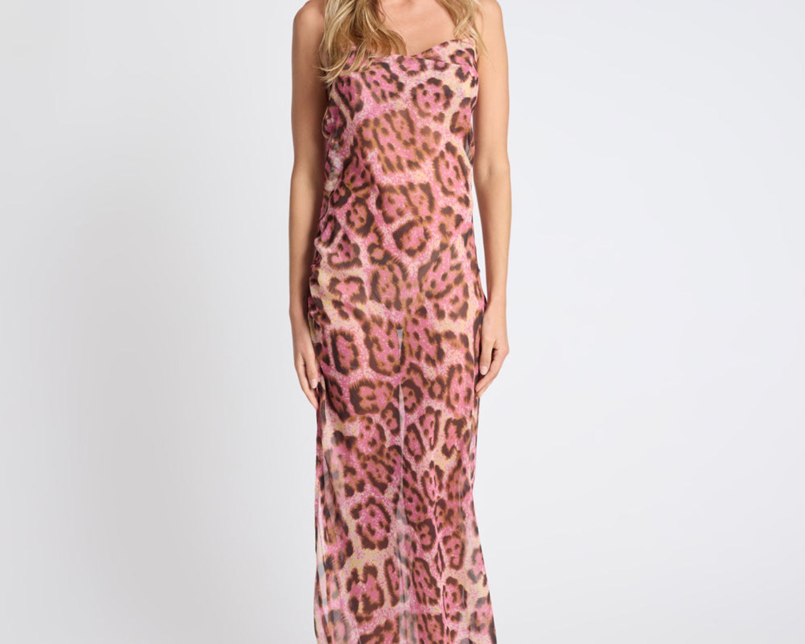 Rhiannon Ruched Long Slip Maxi Dress - Pink Leopard