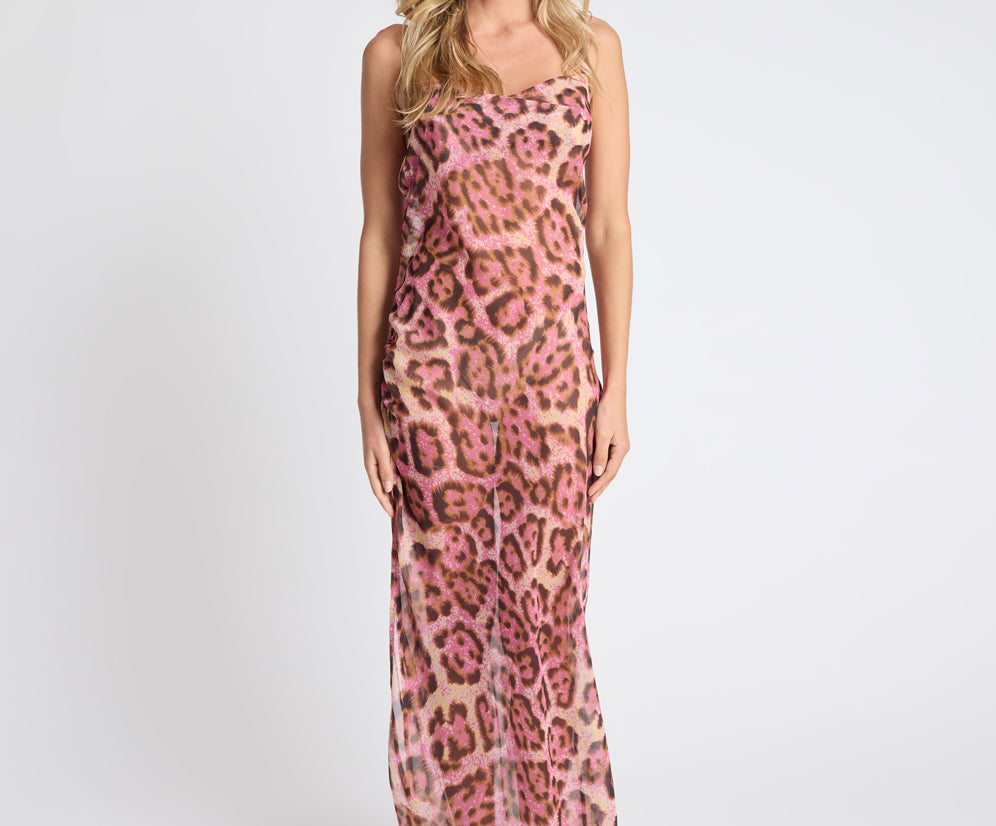 Rhiannon Ruched Long Slip Maxi Dress - Pink Leopard