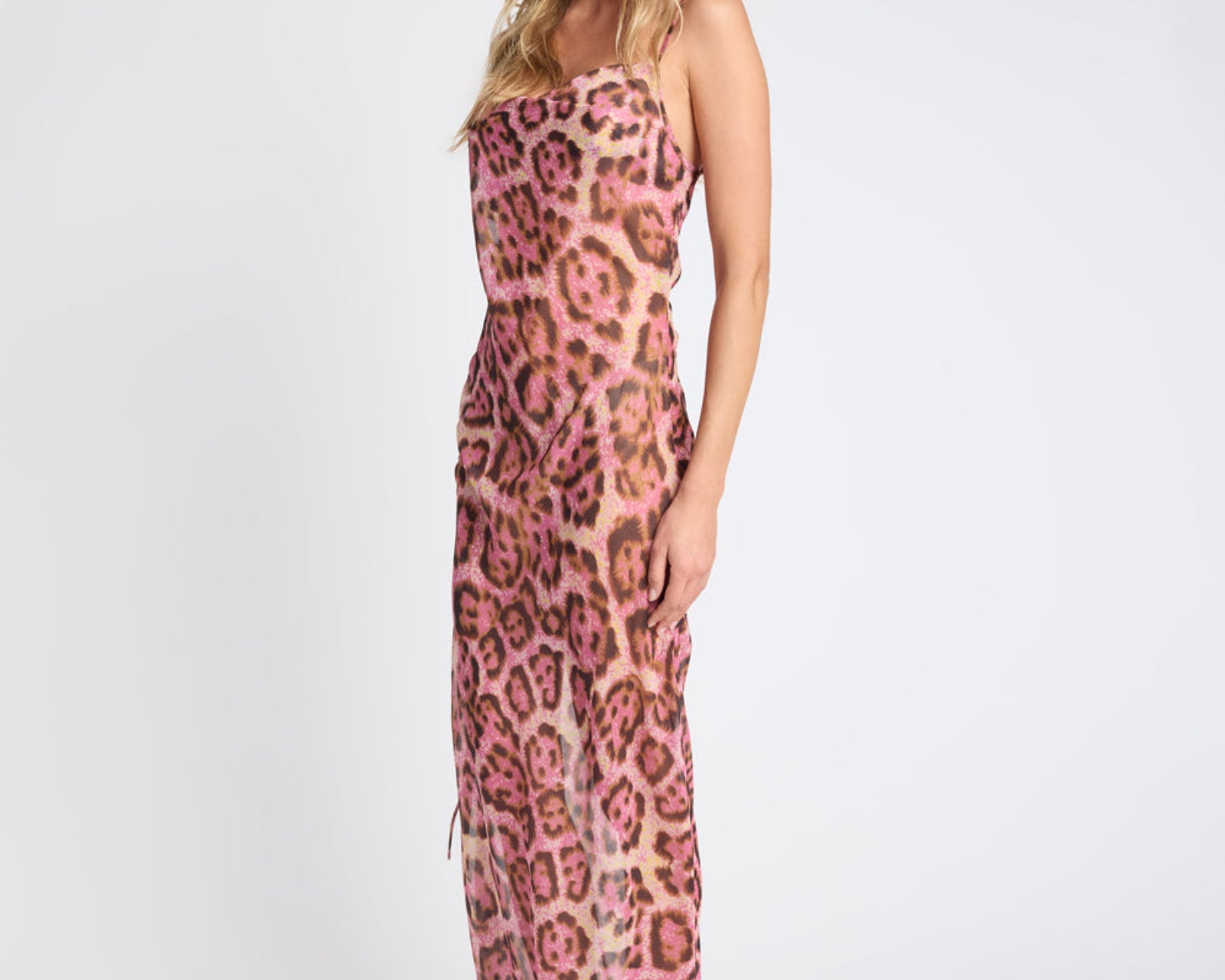 Rhiannon Ruched Long Slip Maxi Dress - Pink Leopard