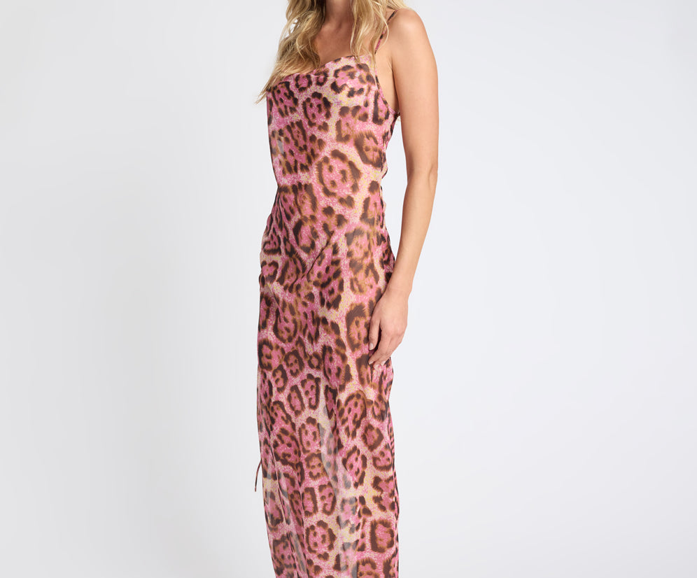 Rhiannon Ruched Long Slip Maxi Dress - Pink Leopard