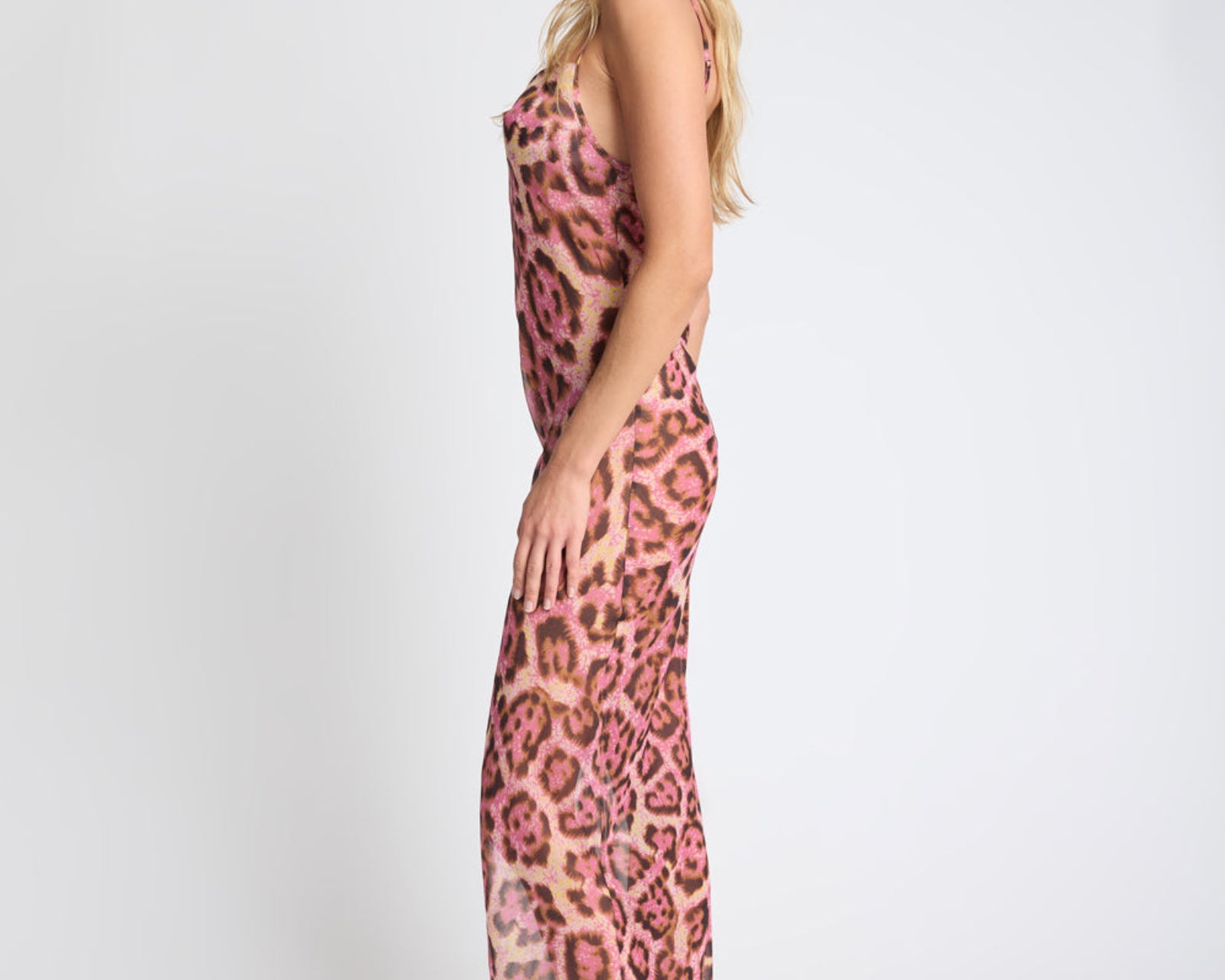 Rhiannon Ruched Long Slip Maxi Dress - Pink Leopard