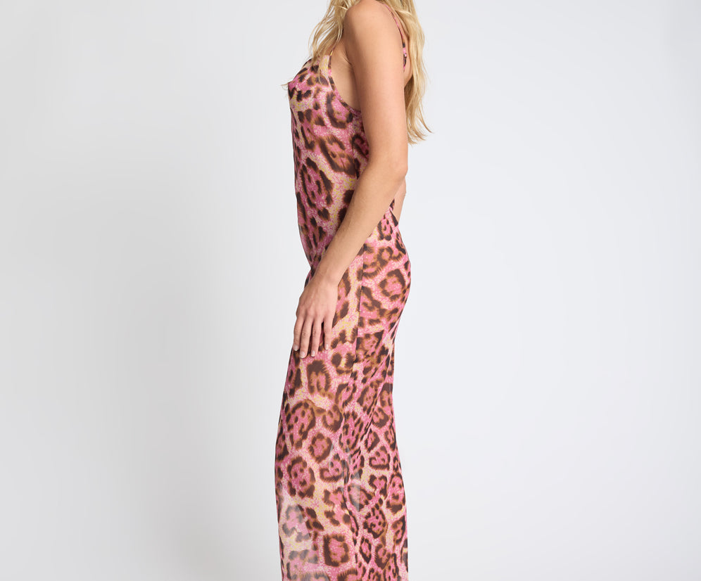 Rhiannon Ruched Long Slip Maxi Dress - Pink Leopard