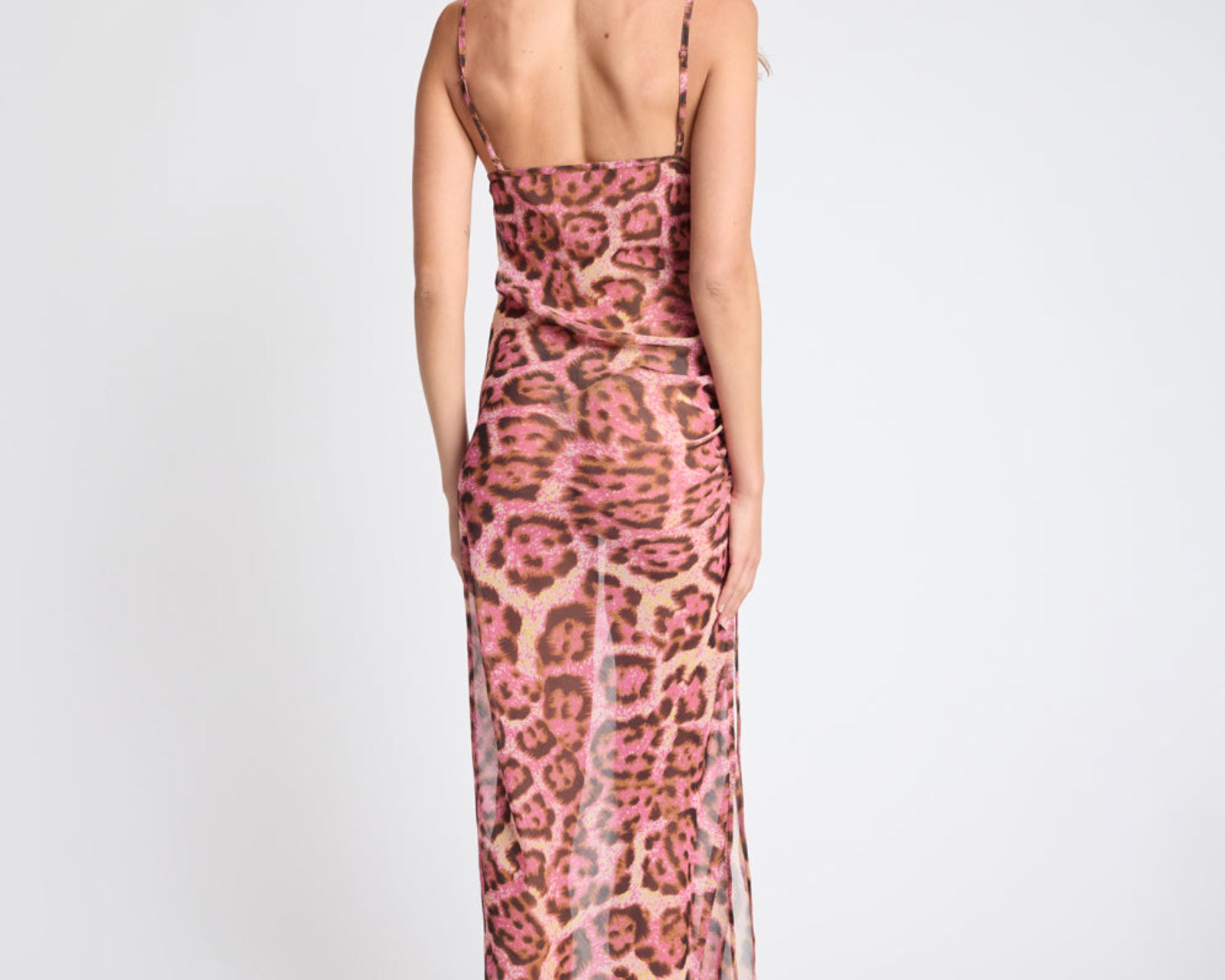 Rhiannon Ruched Long Slip Maxi Dress - Pink Leopard