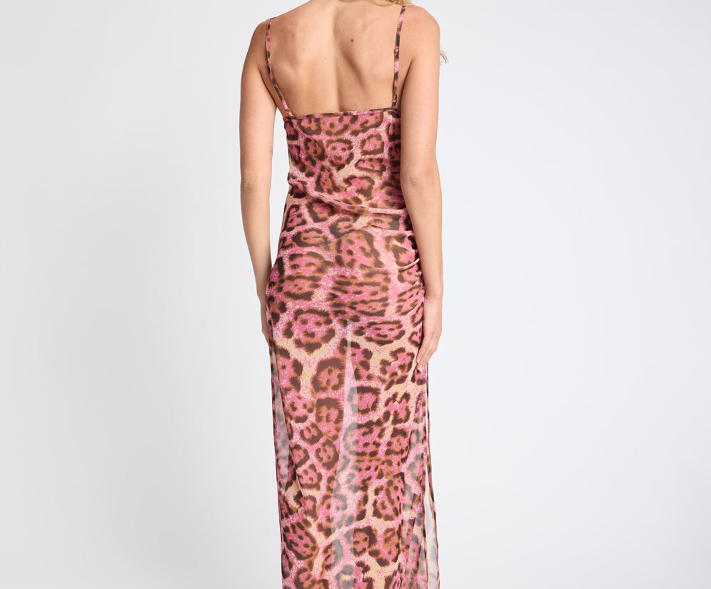 Rhiannon Ruched Long Slip Maxi Dress - Pink Leopard