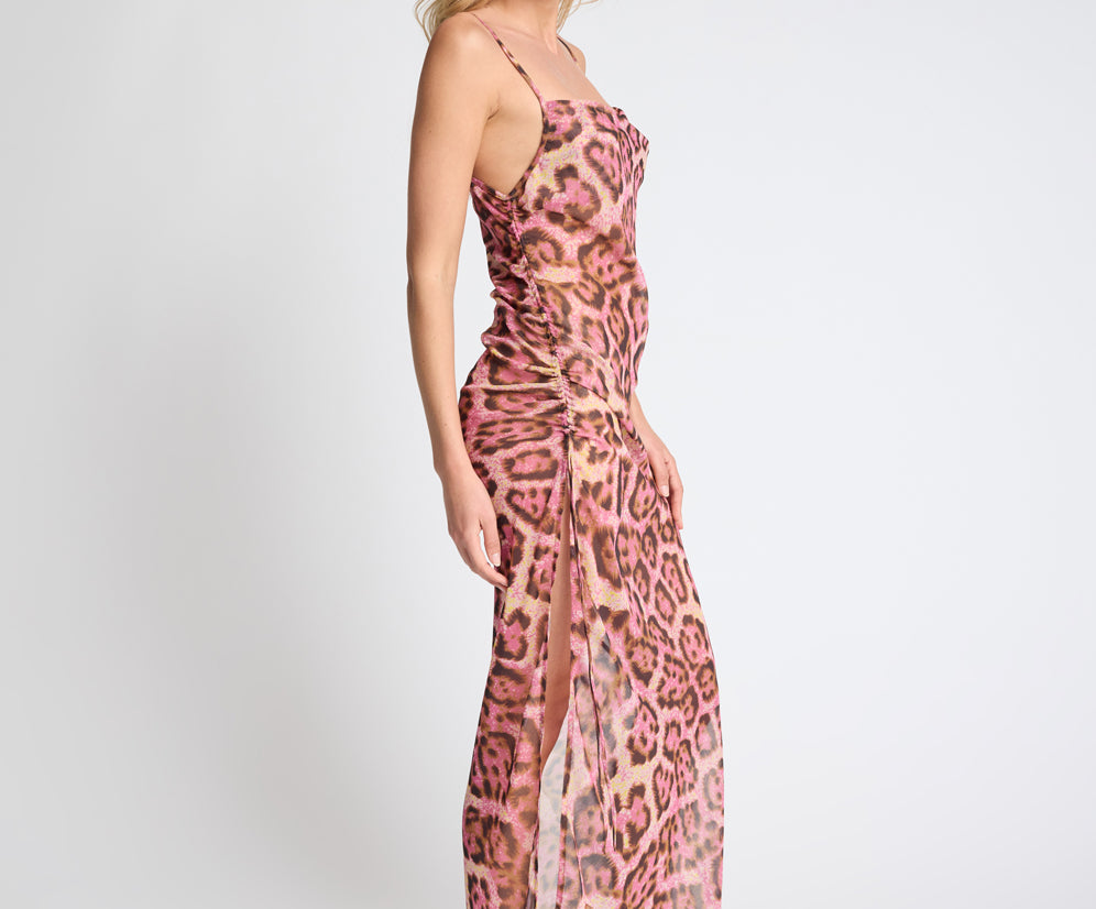 Rhiannon Ruched Long Slip Maxi Dress - Pink Leopard