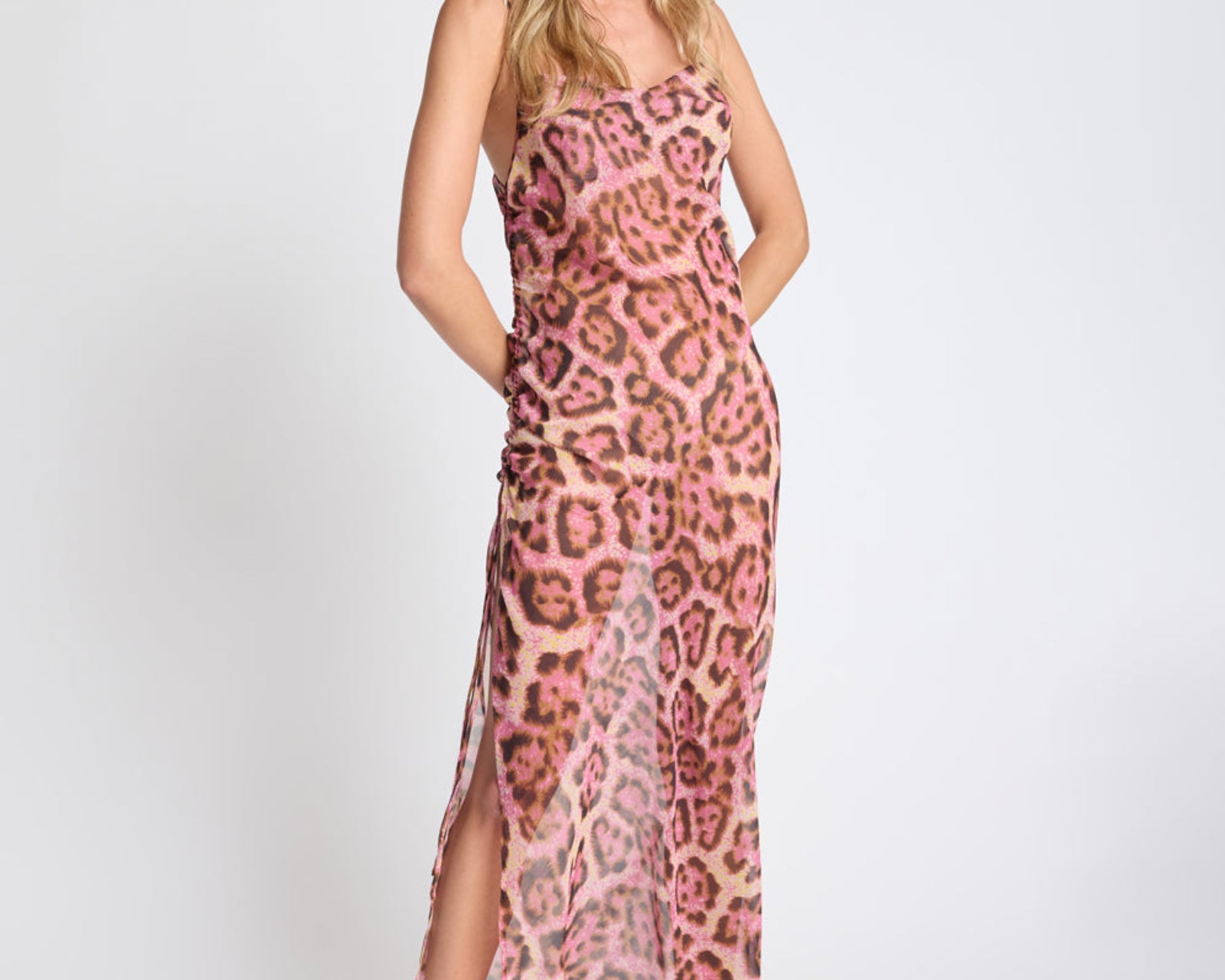 Rhiannon Ruched Long Slip Maxi Dress - Pink Leopard