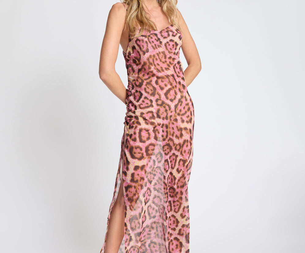 Rhiannon Ruched Long Slip Maxi Dress - Pink Leopard