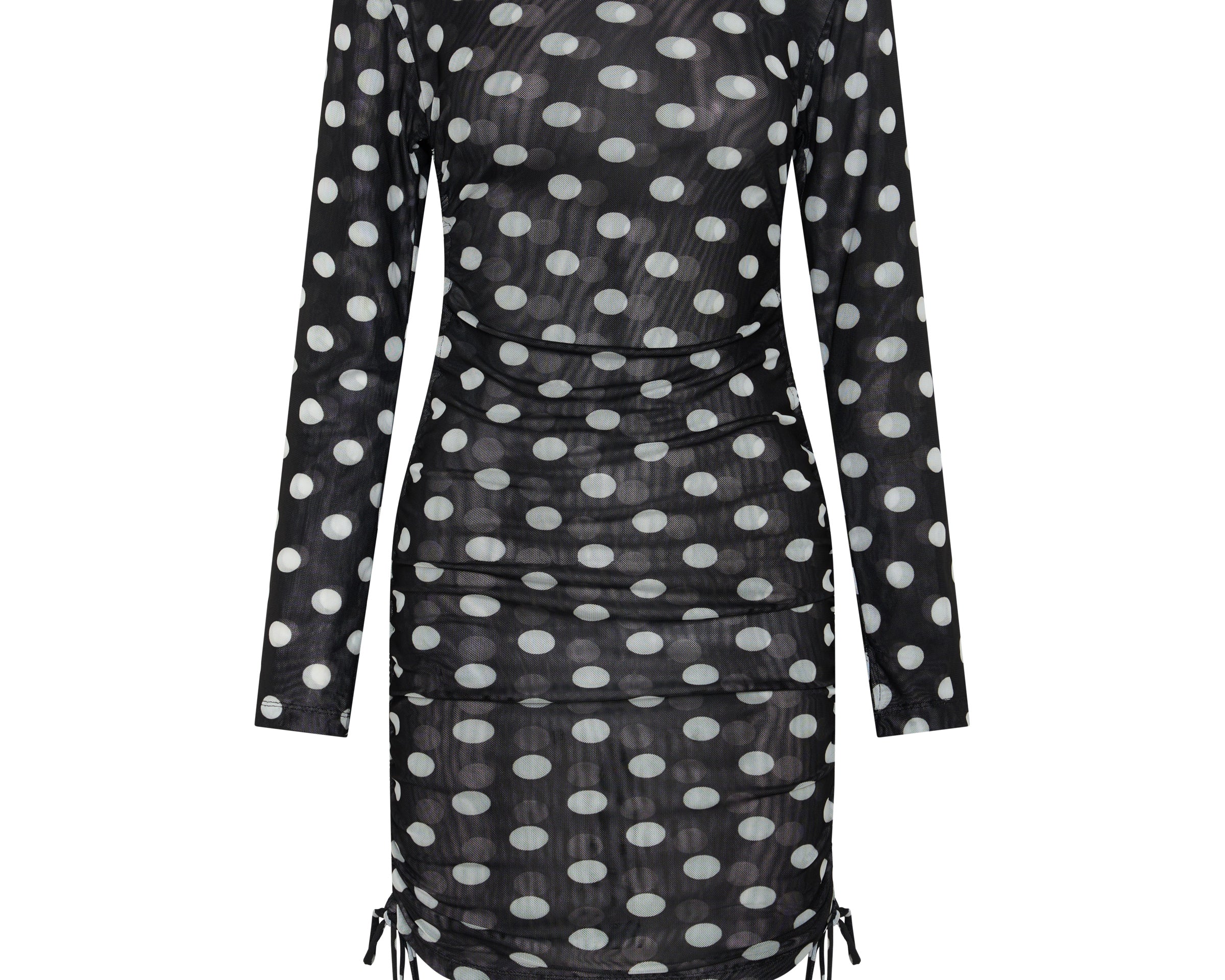 Polka Darling Sheer Mesh Ruched Mini Dress - Black & White Polka Dot