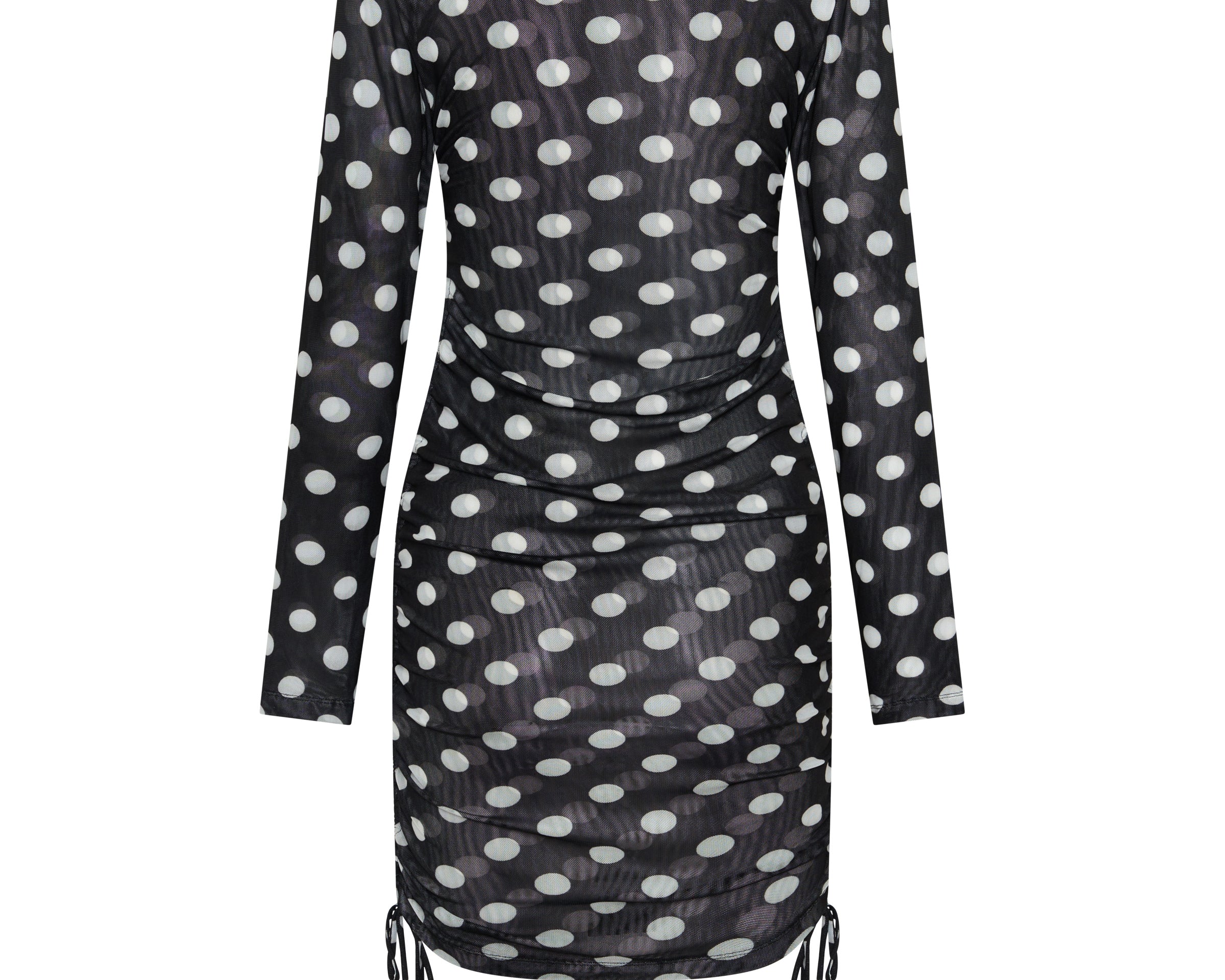 Polka Darling Sheer Mesh Ruched Mini Dress - Black & White Polka Dot