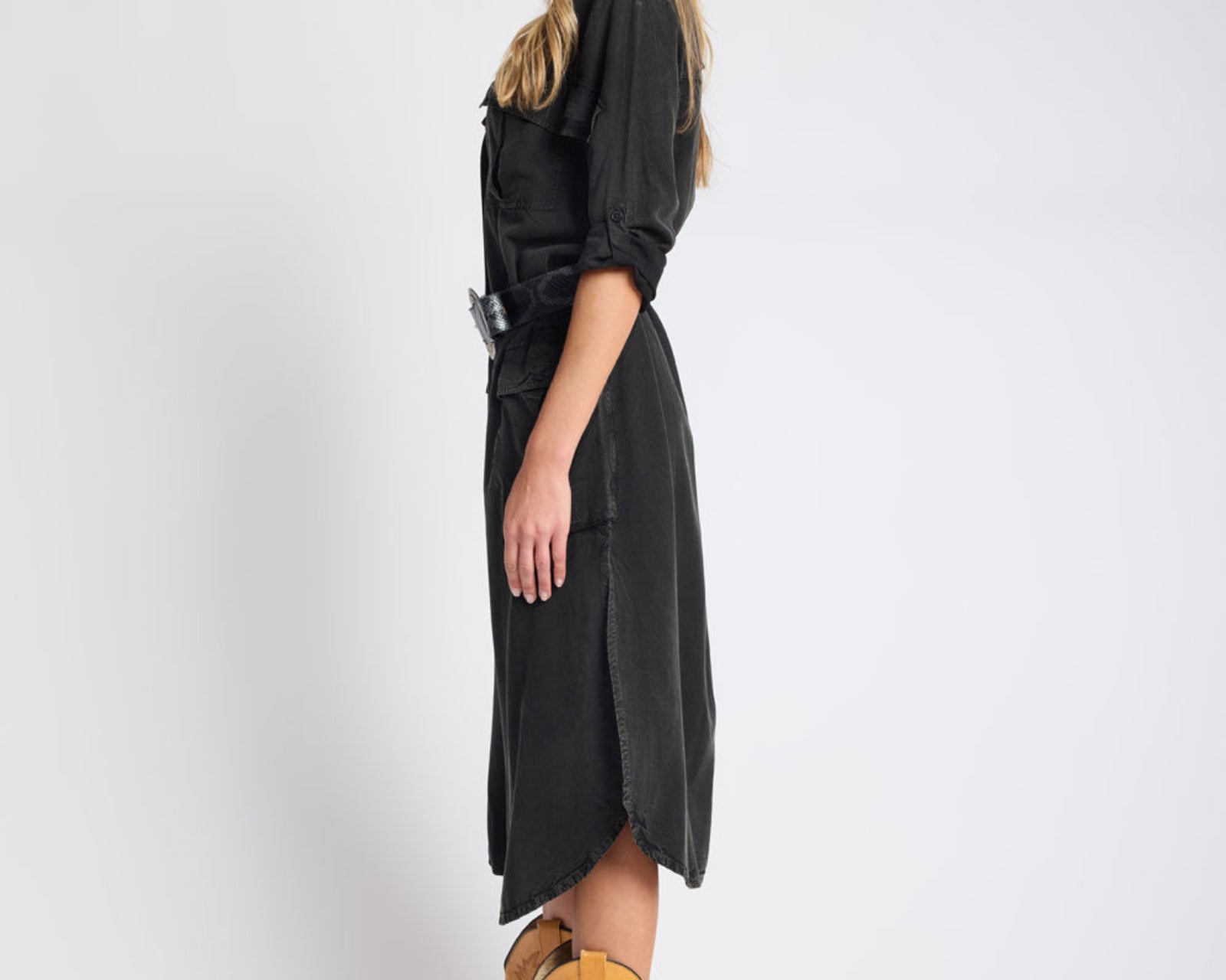 Crushed Midi Shirt Dress - Black