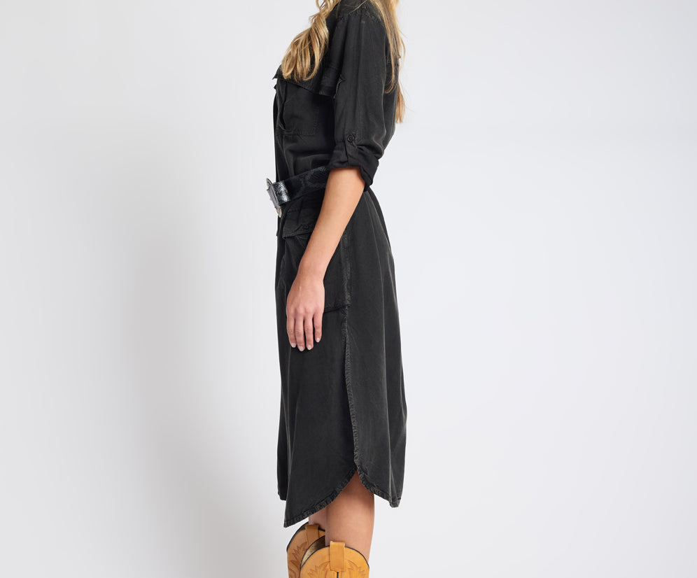 Crushed Midi Shirt Dress - Black