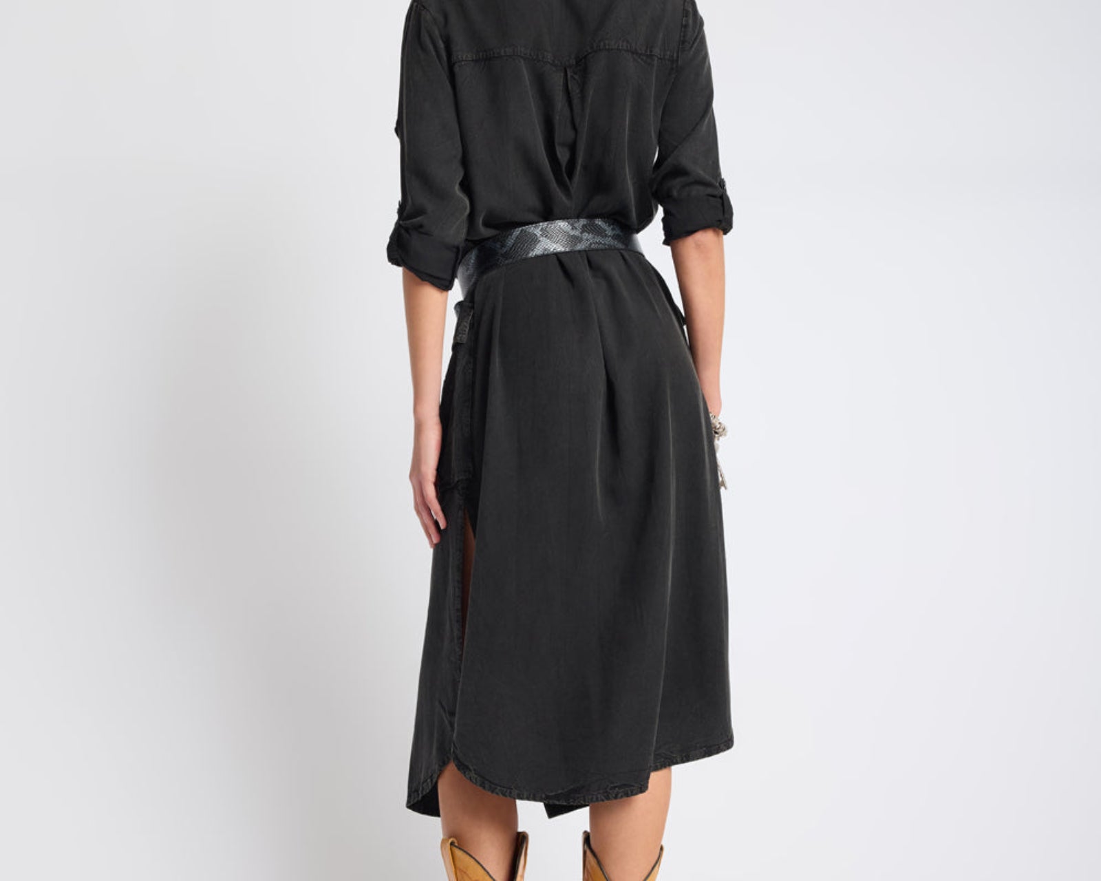 Crushed Midi Shirt Dress - Black