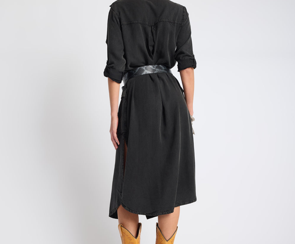 Crushed Midi Shirt Dress - Black