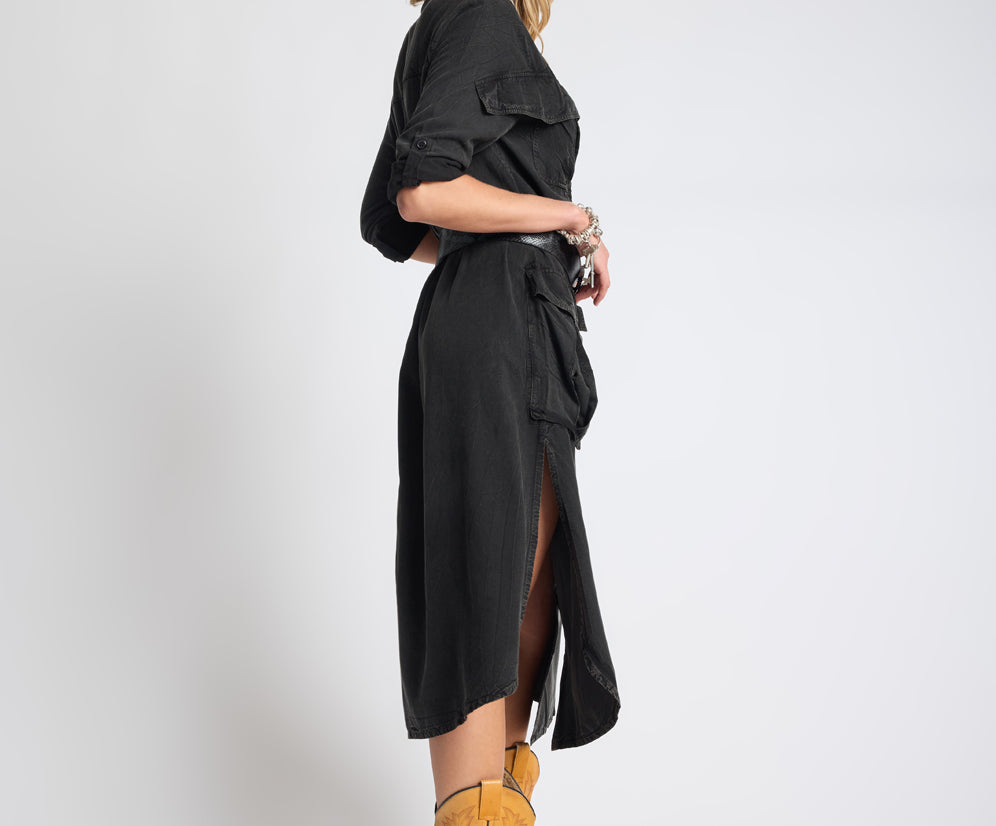 Crushed Midi Shirt Dress - Black