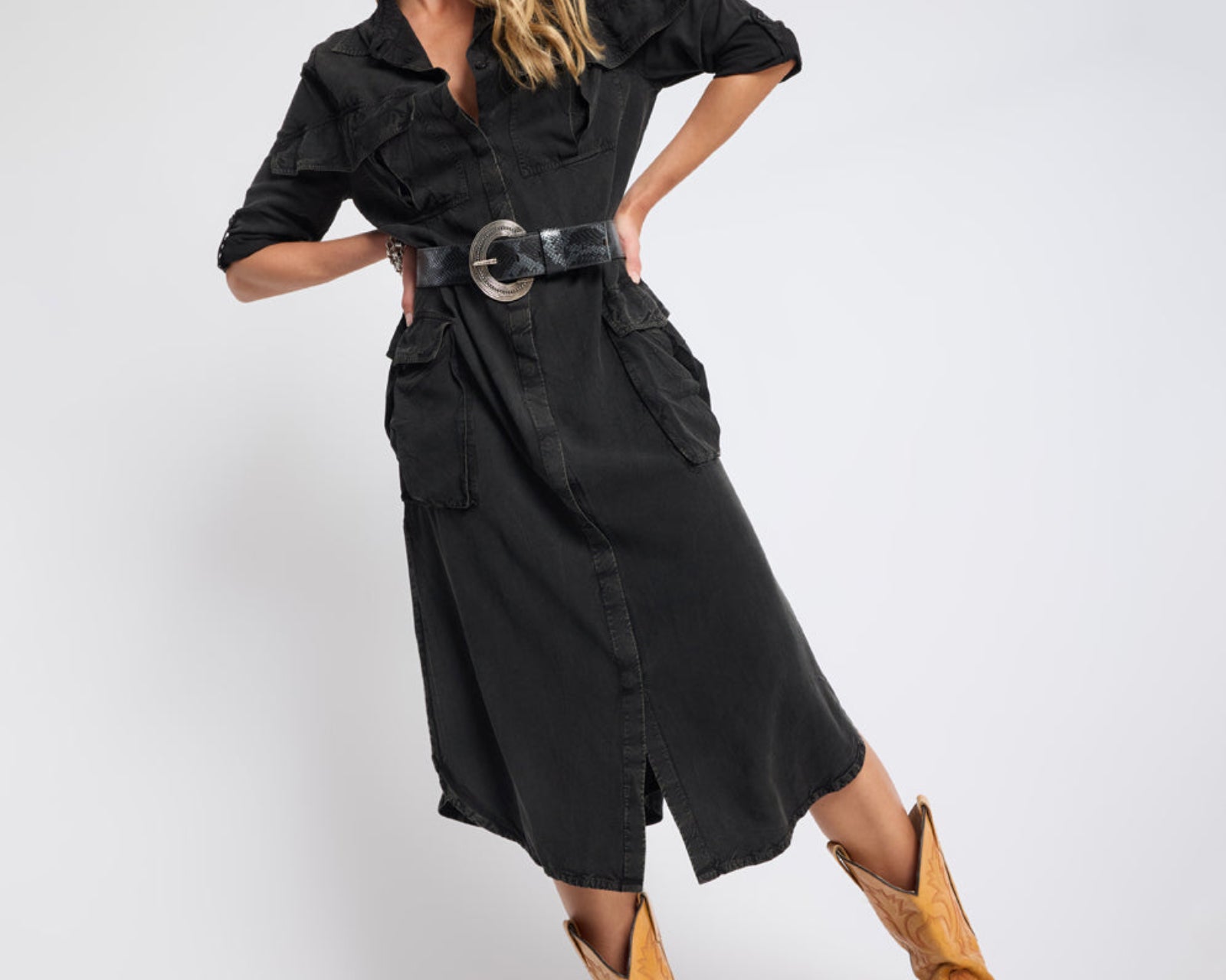 Crushed Midi Shirt Dress - Black