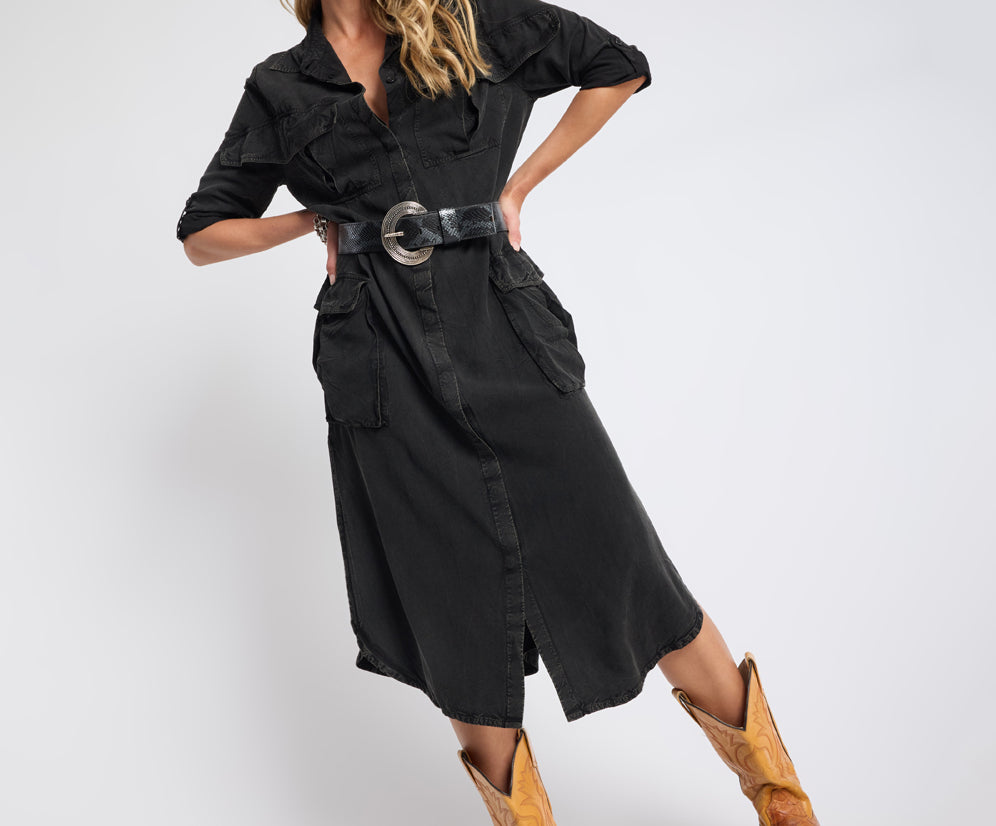 Crushed Midi Shirt Dress - Black
