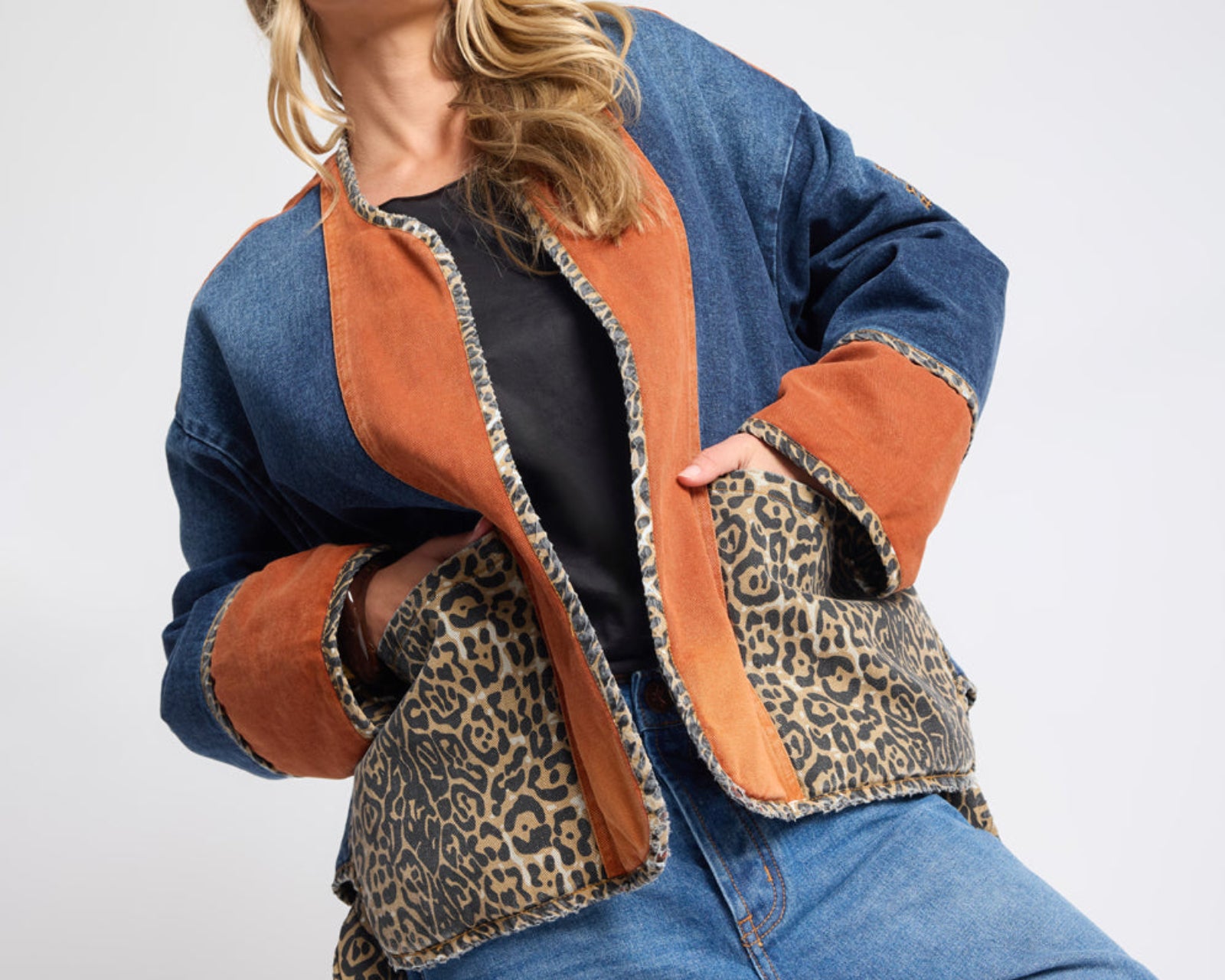 Bang Bang Reversible Colour Blocked Denim Wadded Jacket - Animal Blue Rust