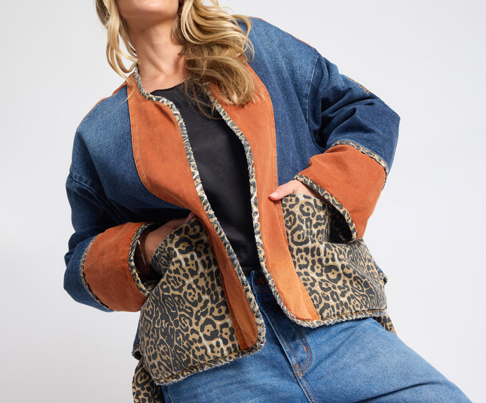 Bang Bang Reversible Colour Blocked Denim Wadded Jacket - Animal Blue Rust