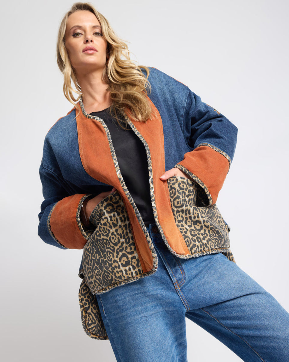 Bang Bang Reversible Colour Blocked Denim Wadded Jacket - Animal