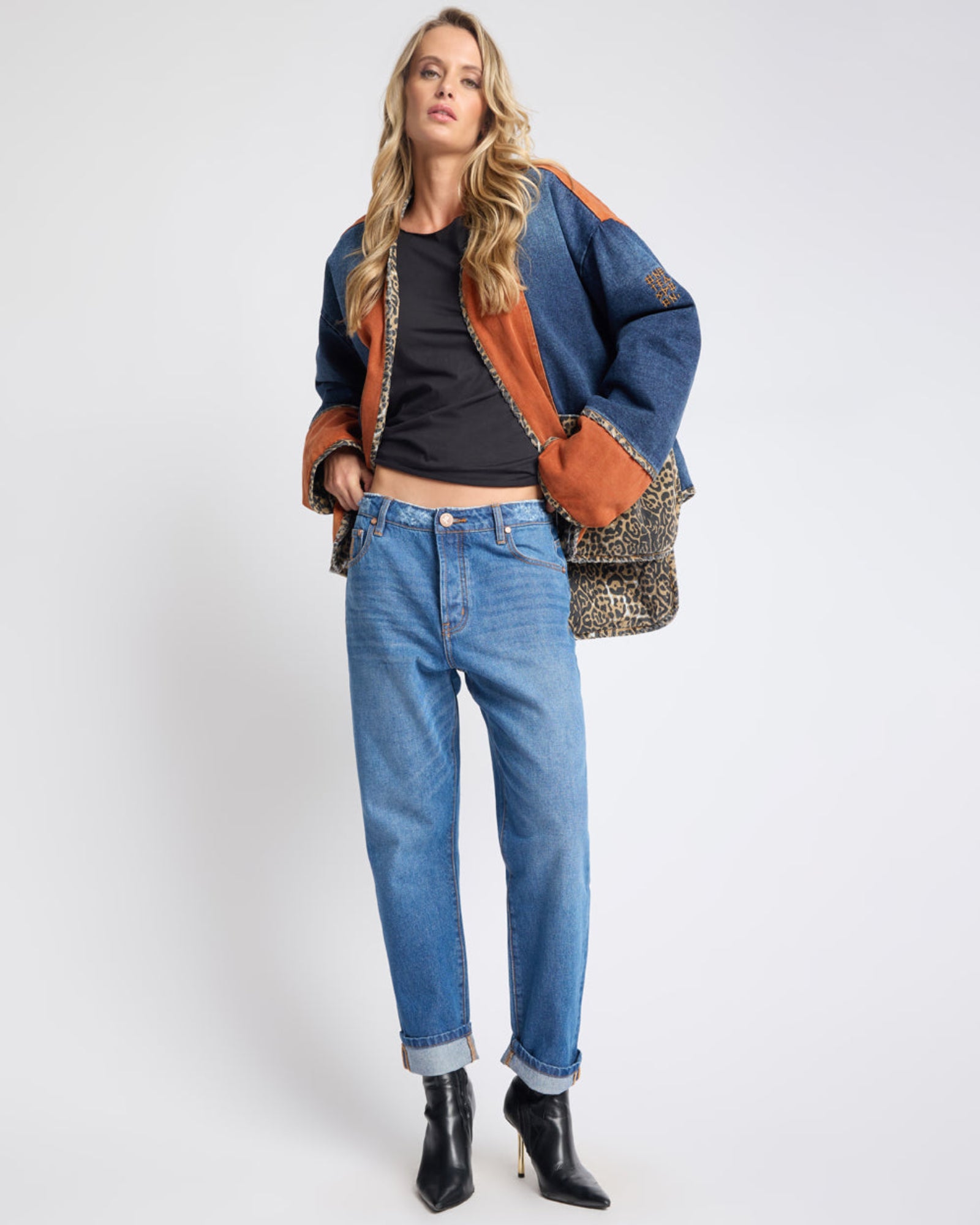 Bang Bang Reversible Colour Blocked Denim Wadded Jacket - Animal