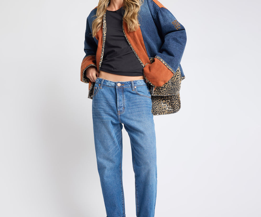 Bang Bang Reversible Colour Blocked Denim Wadded Jacket - Animal Blue Rust