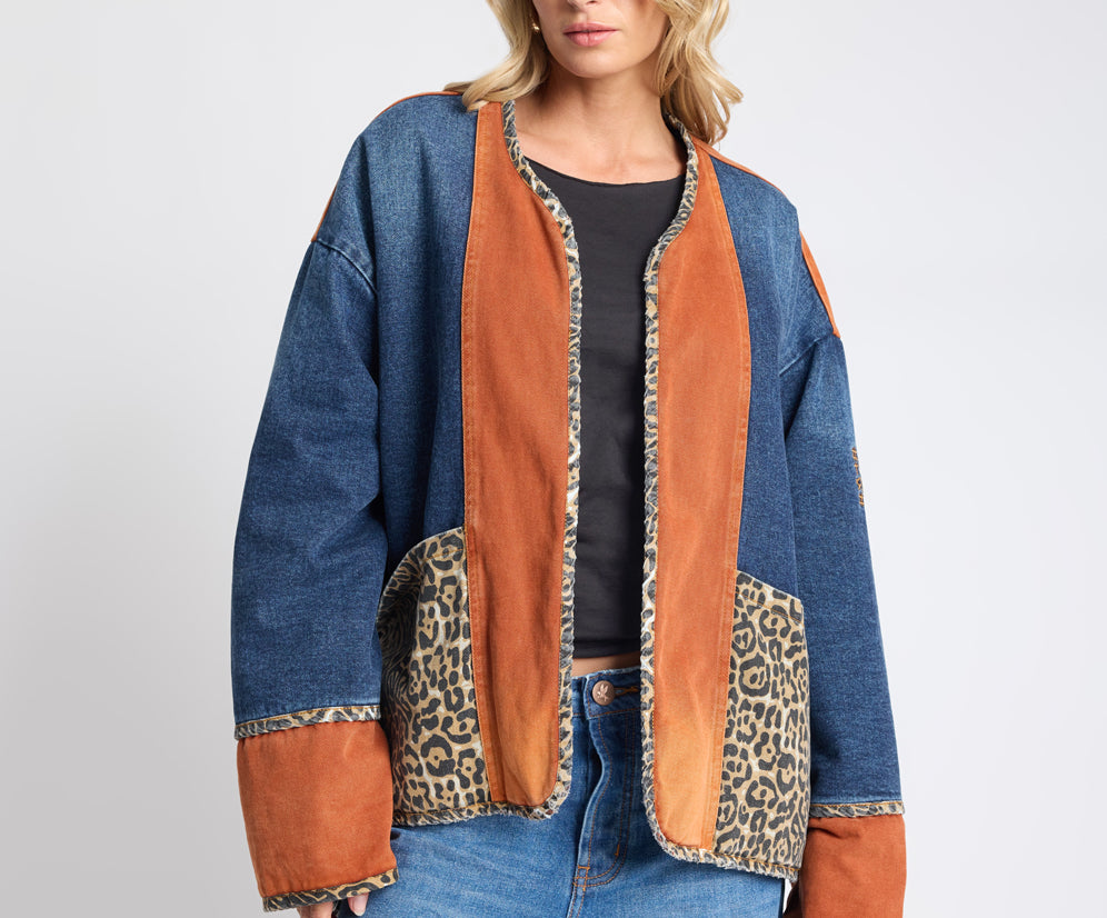 Bang Bang Reversible Colour Blocked Denim Wadded Jacket - Animal Blue Rust