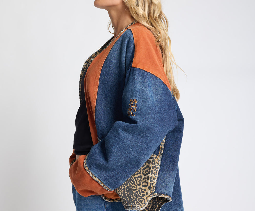 Bang Bang Reversible Colour Blocked Denim Wadded Jacket - Animal Blue Rust