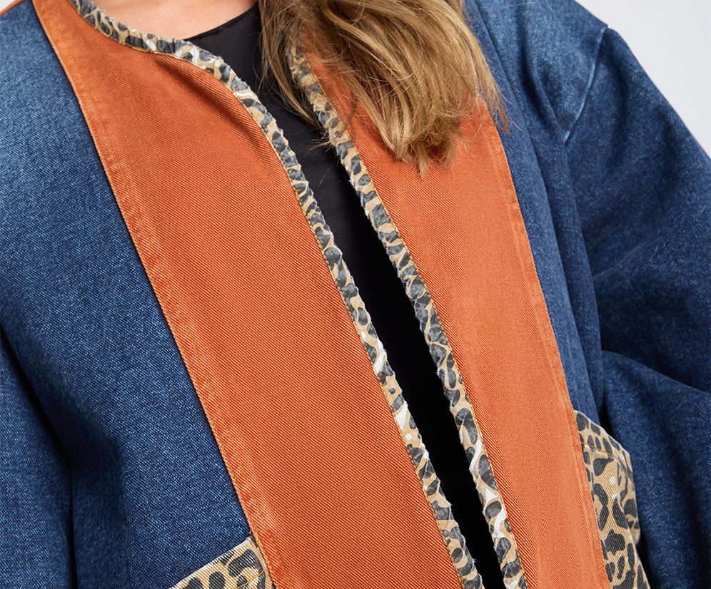 Bang Bang Reversible Colour Blocked Denim Wadded Jacket - Animal Blue Rust