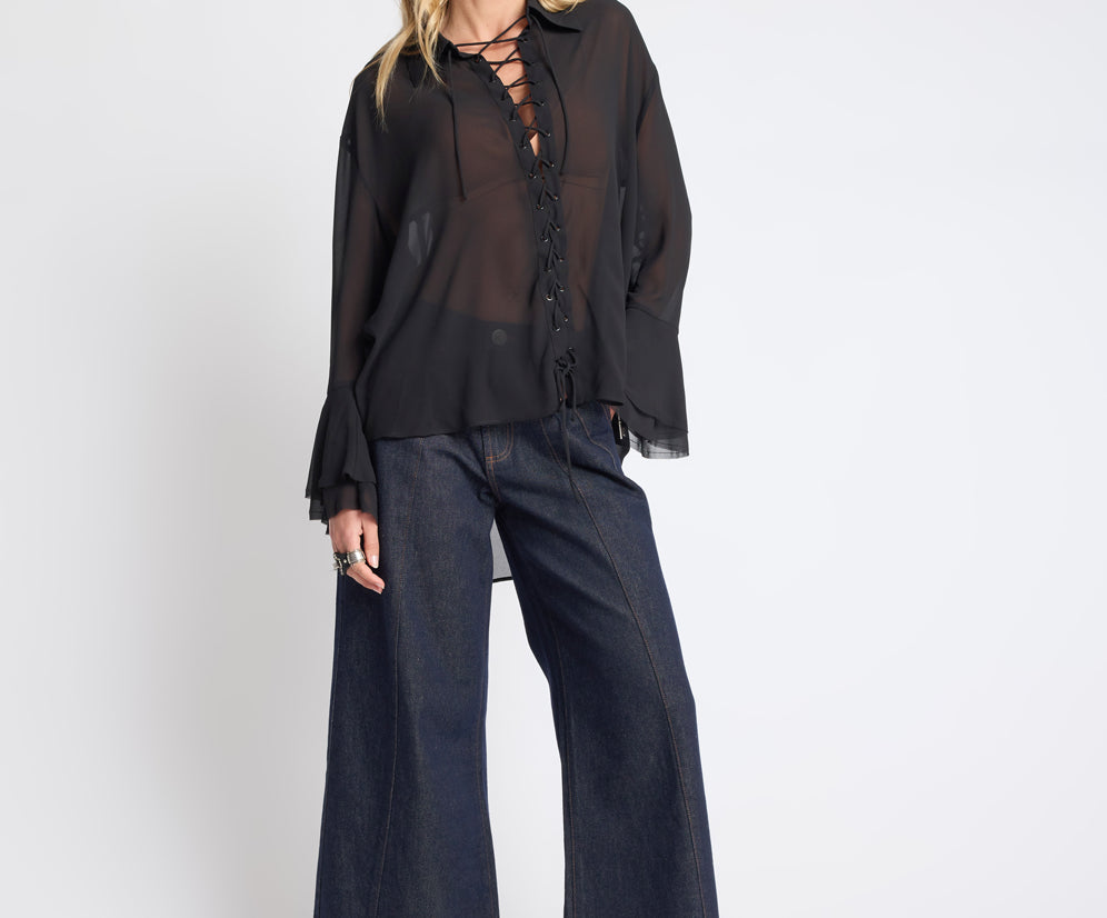 Dark Muse Sheer Lace Up Shirt - Black