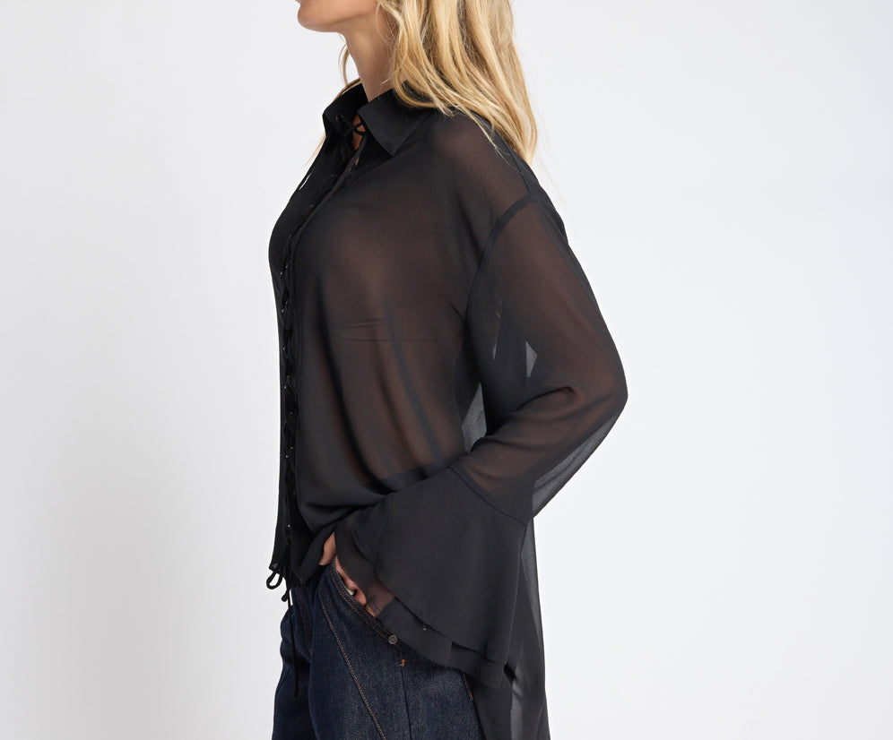 Dark Muse Sheer Lace Up Shirt - Black